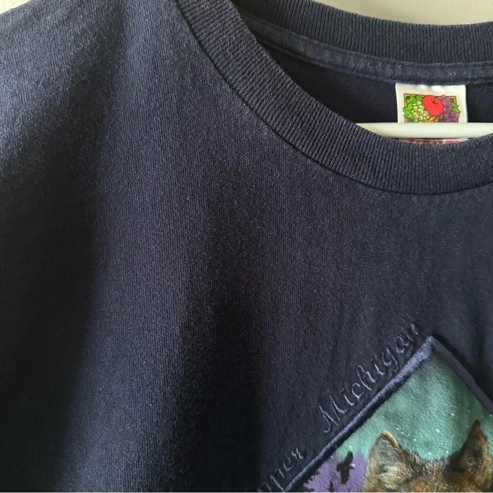 Vintage Embroidered Wolf Tee Navy T-Shirt 90s Size 2XL 1996 Upper Michigan